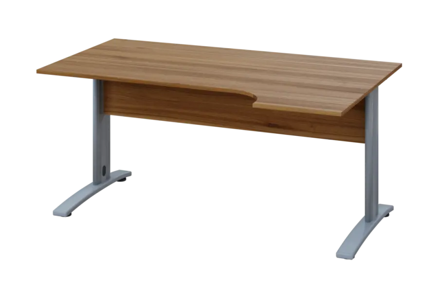 ERK 28 - 164 stůl kancelářský, rohový, pravý, kovová podnož stříbrná, deska 25 mm, široký 1600 mm, ořech světlý